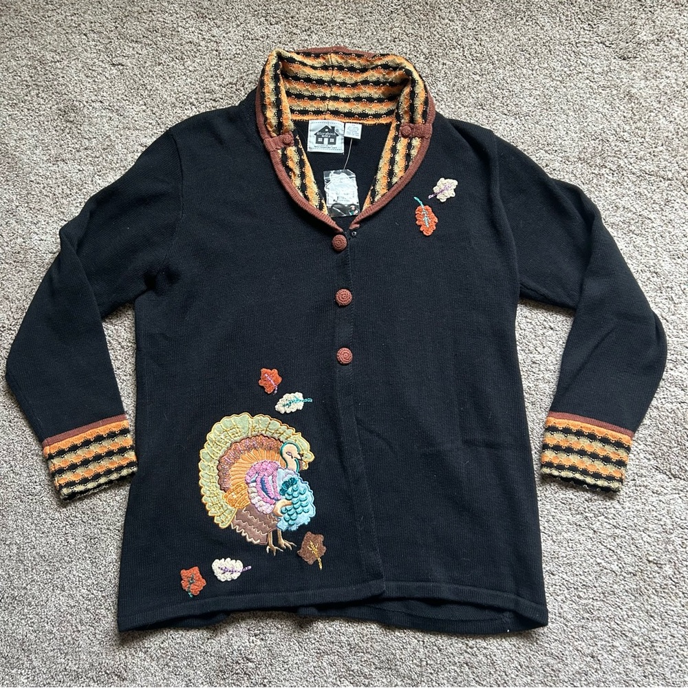 Storybook Knits NWT Thanksgiving Turkey Fall Embellished Cardigan 2x